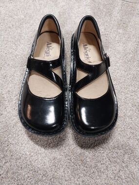 Alegria Black Patent Cross-Strap Mary Jane Flats